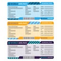 Airline or plane ticket set. Boarding pass blank and airplane ticket template. Colorful vector illustration